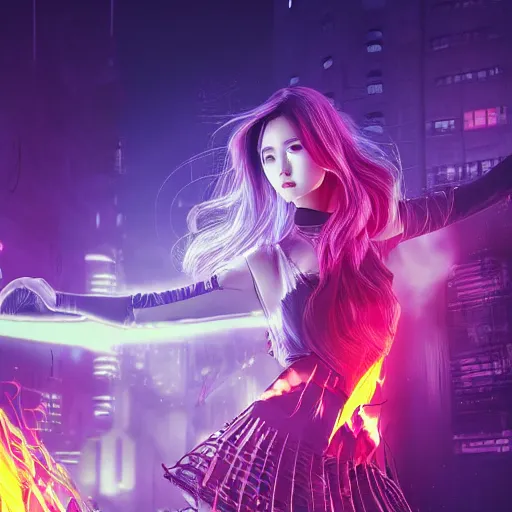 Image similar to a girl like yoona, casting fire spell, background cyberpunk city, full shot, photo, geometries, fibonacci volumetric lighting, epic composition, intricate details, dark neon punk, by KDA