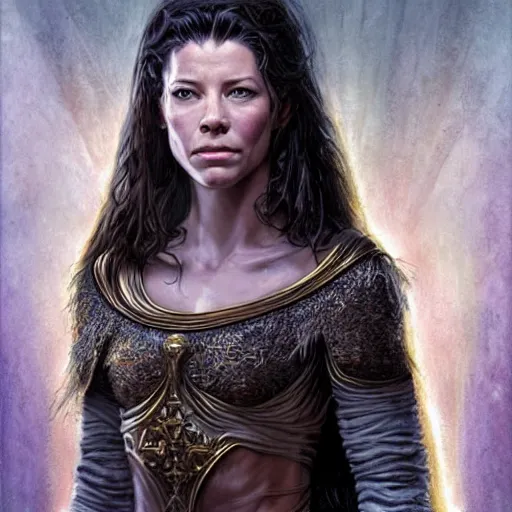 Prompt: evangeline Lilly as a priestess performing a miracle, symmetrical, smooth, sharp focus, art by magali villeneuve, concept art