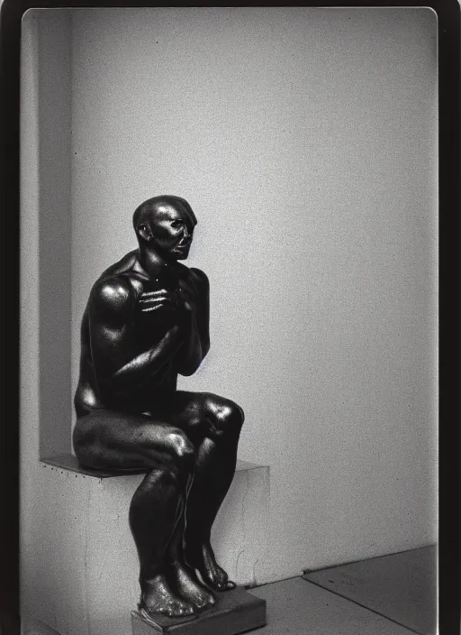 Image similar to an android with an adult male human looking face is the thinker by auguste rodin, polaroid, flash photography, photo taken in a back storage room where you can see empty shelves in the background,