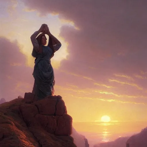 Image similar to an ultradetailed matte landscape painting of a large mountain made into a sculpture of a woman, sunrise on the horizon in the background, stone hand raised up, 8 k, art by greg rutkowski and albert bierstadt