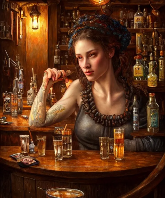 Prompt: hyperrealistic mixed media painting of a beautiful barmaid, dimly lit cozy tavern, relaxed pose, medieval d&d mood, intricate, wild, highly detailed, digital painting, artstation, concept art, smooth, sharp focus, illustration, art by Tim Okamura and Gerald Brom, perfect facial symmetry, vibrant deep colors, intricate, epic composition, grim yet sparkling atmosphere, cinematic lighting + masterpiece, trending on artstation