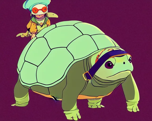 Image similar to cell shaded cartoon of an adorable turtle with a bulldog's head wearing goggles from moving castle ( 2 0 0 4 ), concept art by josan gonzales and wlop, by james jean, victo ngai, david rubin, mike mignola, deviantart, art by artgem