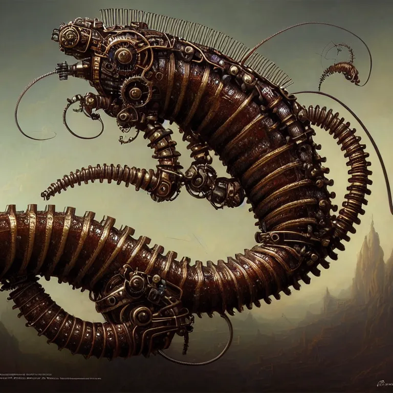 Prompt: steampunk robot millipede, unreal engine realistic render, 8 k, micro detail, intricate, elegant, highly detailed, centered, digital painting, artstation, smooth, sharp focus, illustration, artgerm, tomasz alen kopera, peter mohrbacher, donato giancola, joseph christian leyendecker, wlop, boris vallejo