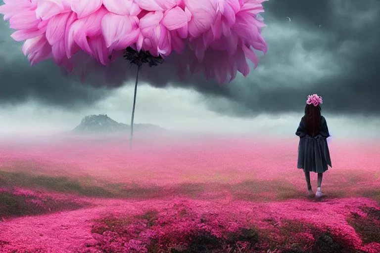 Image similar to giant dahlia flower crown under head, girl walking on mountain, surreal photography, pink and grey storm clouds, dramatic light, impressionist painting, digital painting, artstation, simon stalenhag