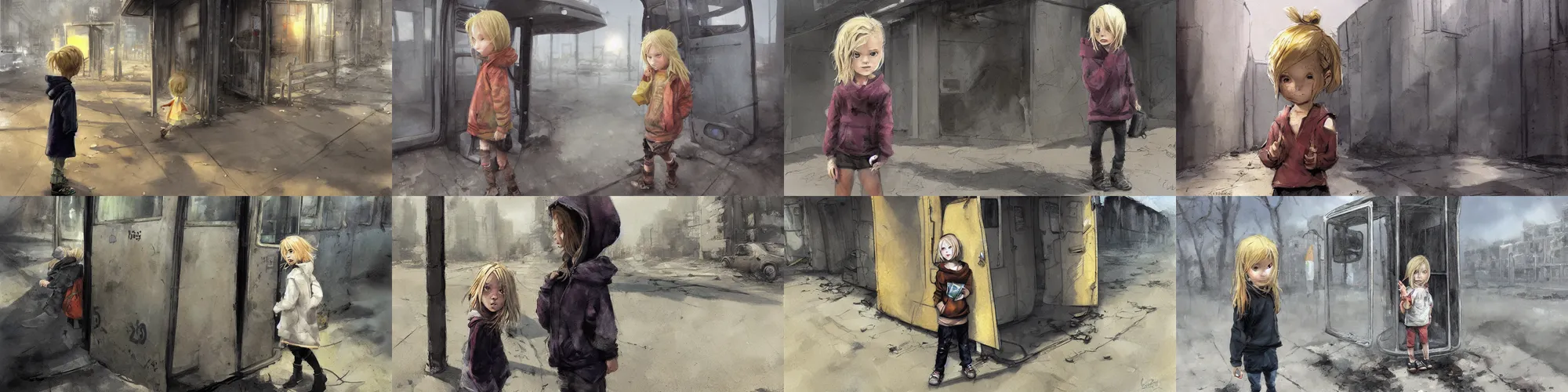 Prompt: a blonde haired little girl wearing a hoodie standing in a post - apocalyptic city by craig davison, abandoned bus stop, scorching weather, painterly style