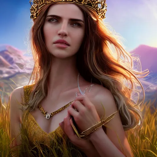 Image similar to a radiant greek mythology goddess walking in a beautiful field, mountains in the distance, jewelry, crown, confident, gorgeous, stunning, dramatic lighting, detailed, very realistic, trending on Artstation, Cgsociety