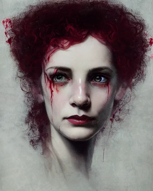 Prompt: a beautiful but sinister girl in layers of fear, with haunted eyes and curly hair, 1 9 7 0 s, seventies, delicate embellishments, a little blood, crimson, painterly, offset printing technique, mary jane ansell