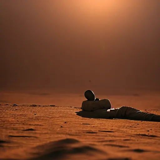 Prompt: a photo a Ghandi sleeping rough in the Sahara a sunrise, perfect lighting