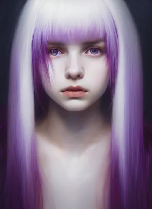 Image similar to hair whitebangs hair, black hair, whitebangs, portrait of teenage girl with white bangs, red irises, purple clothes, white bangs, bangs are different color from hair, intricate, elegant, glowing lights, highly detailed, digital painting, artstation, concept art, smooth, sharp focus, illustration, art by wlop, mars ravelo and greg rutkowski