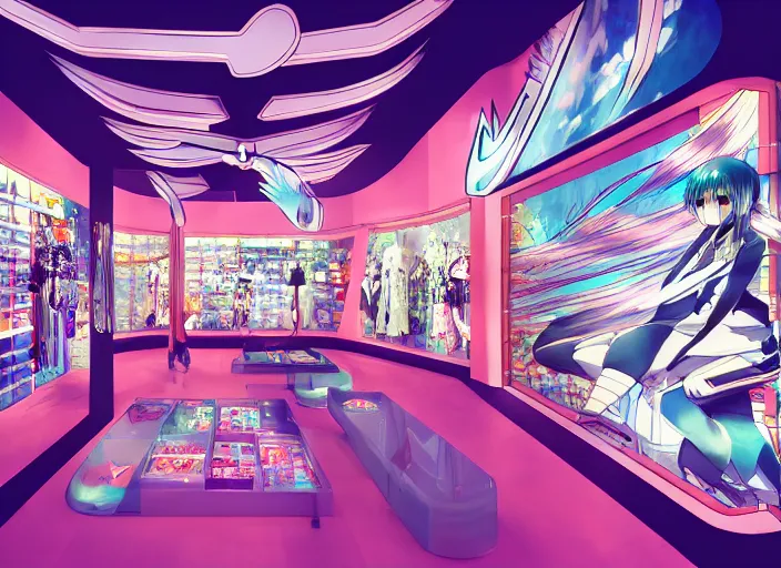 Image similar to lomography, anime background, a detailed nike shop interior, glowing, haruhiko mikimoto, hisashi eguchi, lodoss, architectural perspective, dramatic lighting, displays with detailed shoes and clothes, sharpened image, yoshinari yoh