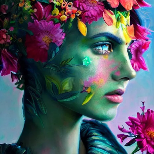 Image similar to super realistic painting of a human combined with flowers, colorful, highly detailed, 4k, trending on artstation