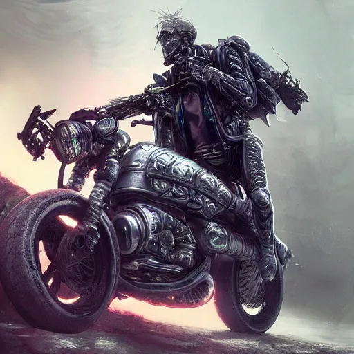 Image similar to a sci - fi biker fused with his bike, art by hr giger, dramatic, volumetric lights, octane rendering, trending on artstation, greeble