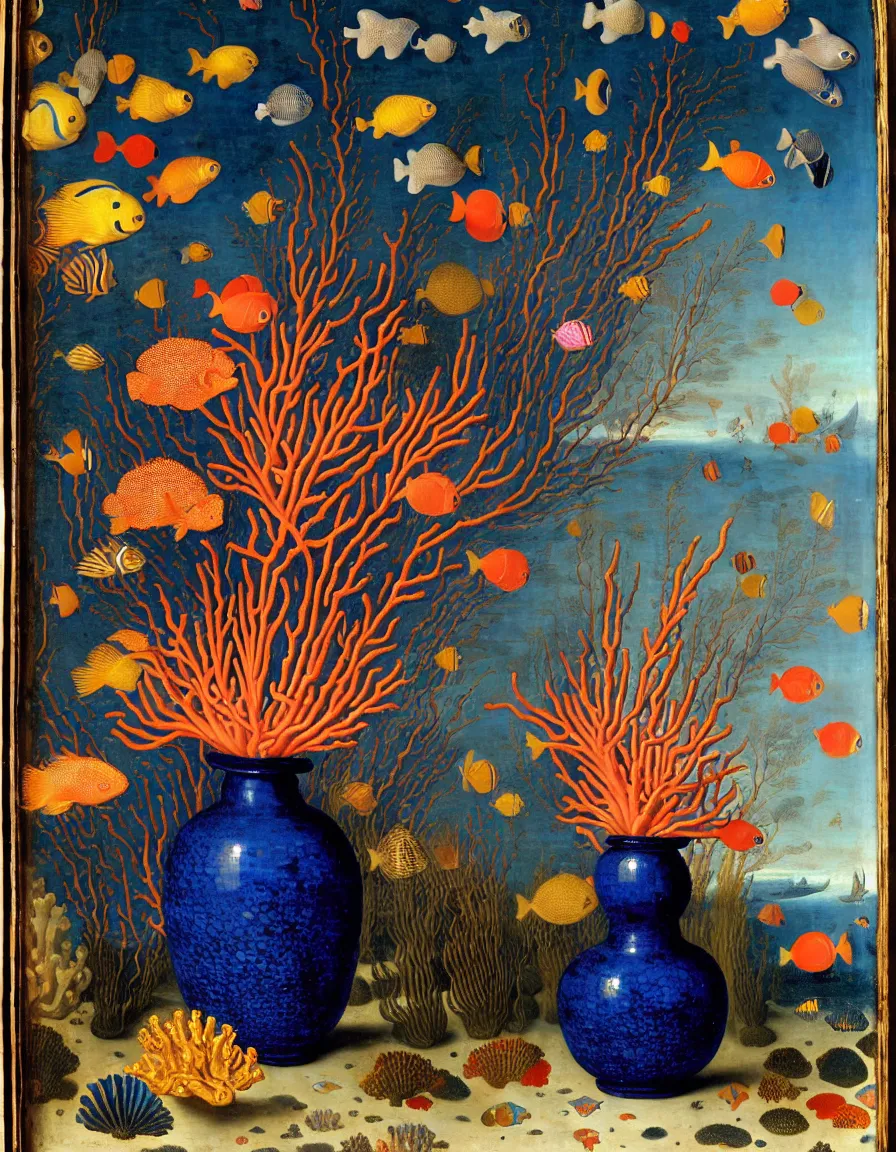 Prompt: bottle vase of coral under the sea decorated with a dense field of stylized scrolls that have opaque outlines enclosing mottled blue washes, with blue cobalt shells and yellow fishes, Ambrosius Bosschaert the Elder, oil on canvas, around the edges there are no objects