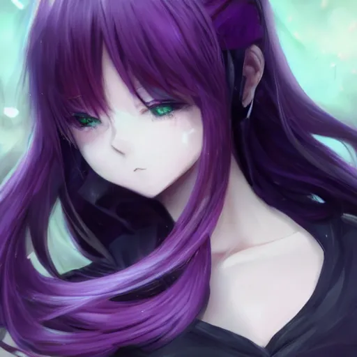 Image similar to beautiful anime shion with purple hair, ( ( ( ( ( horn ) ) ) ) ) ( ( ponytail ) ) ( ( ( purple eyes ) ) ), a purple tuxedo, sharp focus, intricate, cell shaded, award winning photography, cinematic, digital painting, cinematic, wlop, 8 k, by ross tran, tom bagshaw