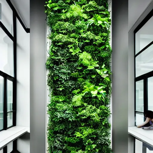 Prompt: vertical indoor hydroponics as interior design elements. minimalism, futurism, design art.