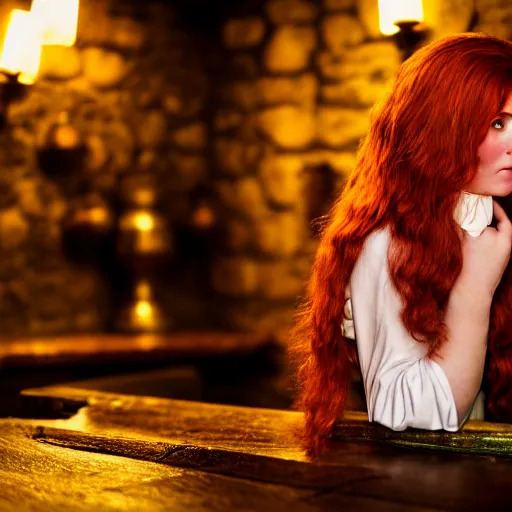 Image similar to beautiful bar maid with auburn hair and green eyes, in a medieval tavern at night, dramatic, cinematic, filmic, 7 5 mm, f / 1. 8