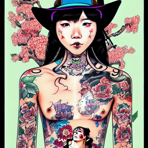 Image similar to full view of taiwanese girl with tattoos, wearing a cowboy hat, style of yoshii chie and hikari shimoda and martine johanna and will eisner, highly detailed