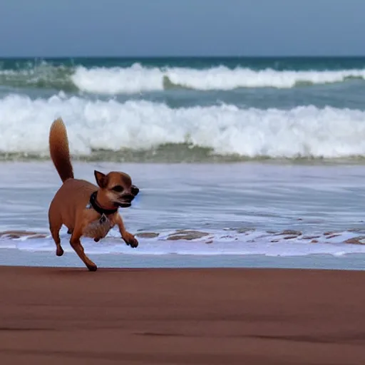 Prompt: a chihuahua running through the surf on the beach