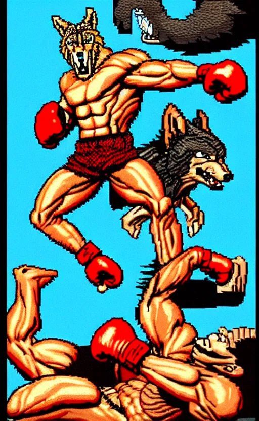 Image similar to 8 bit nes graphics. antropomorphic muscular masculine wolf. kickboxer fighter, in shorts. wolf head. fine details, very sharp, art from nes game cartridge, marc simonetti and hermann nitsch