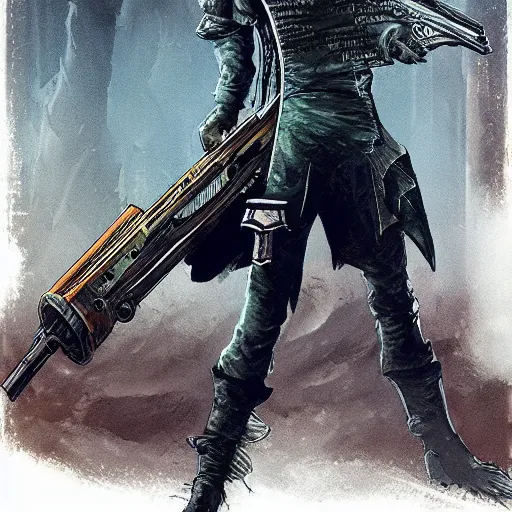 Image similar to hunter from bloodborne holding a blaster, retrofuturism, concept art by yoshiyuki tomino, behance contest winner, toonami, redshift, official art