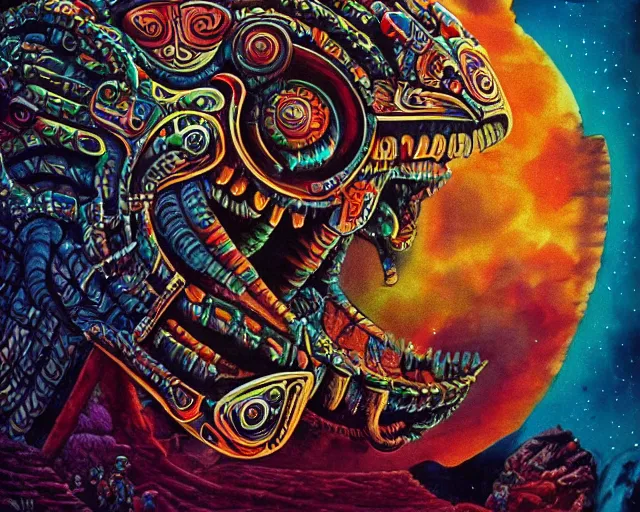 Image similar to mayan jaguar warrior exploring an alien world, 1 9 6 0's sci - fi, advanced technology deep aesthetic colors, 8 k, highly ornate intricate details, extreme detail,