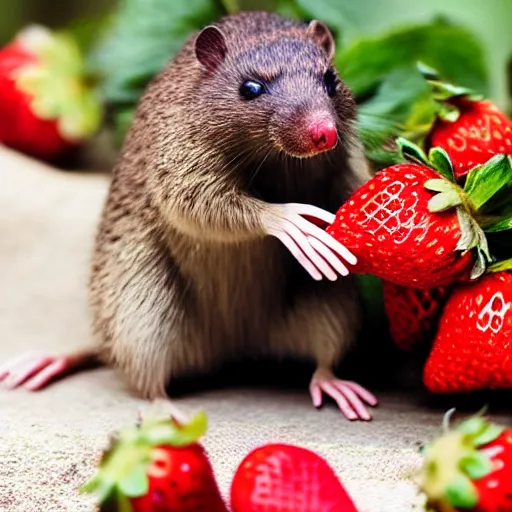 Image similar to photo of a blind ZOMBIE marsupial mole eating strawberries-W 1024