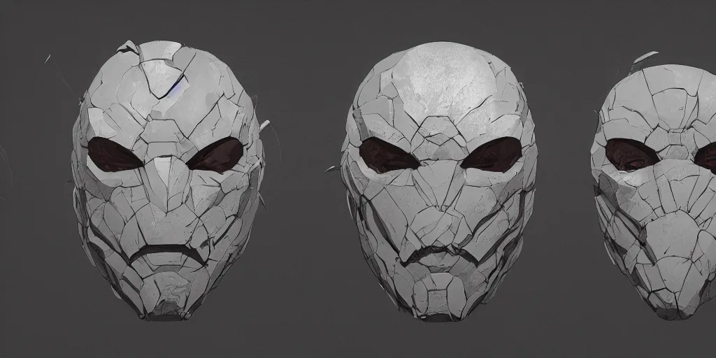 Prompt: rock mask design, character sheet, Moebius, Greg Rutkowski, Zabrocki, Karlkka, Jayison Devadas, Phuoc Quan, trending on Artstation, 8K, ultra wide angle, zenith view, pincushion lens effect.