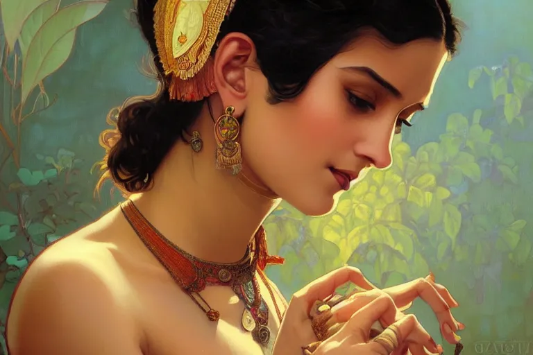 Image similar to sensual pale beautiful indian doctor in jeans, art deco portrait, elegant, intricate, digital painting, artstation, concept art, smooth, sharp focus, illustration, art by artgerm and greg rutkowski and alphonse mucha