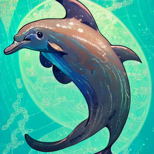 Image similar to a beautiful hyperdetailed character design 4 k wallpaper illustration of a cute dolphin, victo ngai cyberpunk style, from china, style of studio ghibli, makoto shinkai, raphael lacoste, louis comfort tiffany, artgerm, james jean, ross tran, chinese style