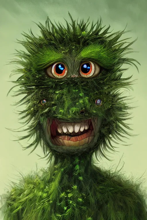 Image similar to a humanoid figure dandelion moss plant monster, large eyes and menacing smile, highly detailed, digital art, sharp focus, trending on art station, anime art style