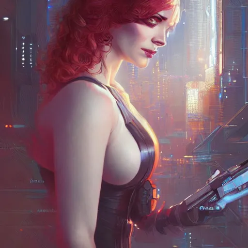 Prompt: christina hendricks in a cyberpunk, intricate, elegant, highly detailed, digital painting, artstation, concept art, smooth, sharp focus, illustration, art by artgerm and greg rutkowski