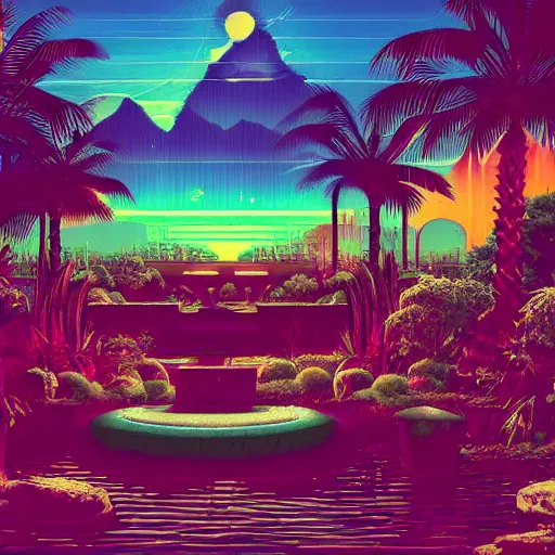 Image similar to babylonian garden, epic retrowave art, trending on art station