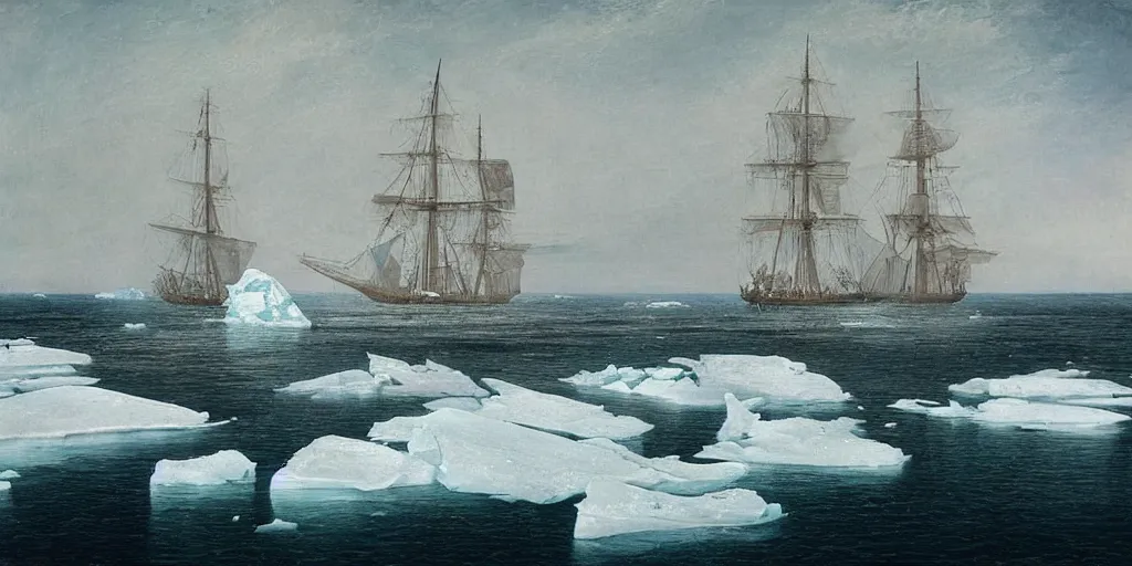 Image similar to “ a single 1 8 0 0 s sail ship is stuck in solid white sea ice, completely frozen sea, no water visible, the uneven and irregular frozen sea is jagged and maze - like, towering ice ridges and seracs, nighttime, stars visible, romanticist oil painting ”