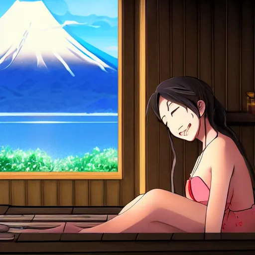 Prompt: moescape anime key visual of a slice of life girl relaxing in a sauna, mount fuji in the background, pixiv