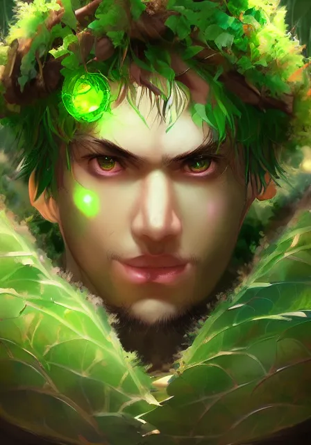 Image similar to A realistic anime portrait of a handsome fat dryad with glowing green eyes and tree bark skin wearing clothes made of leaves, digital painting, by Stanley Artgerm Lau, Sakimichan, WLOP and Rossdraws, digtial painting, trending on ArtStation, SFW version