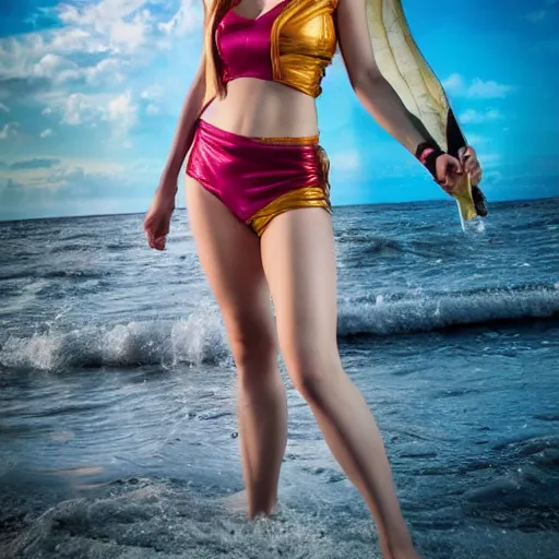 Image similar to a full body photo of emma watson as nami from one piece, award winning photography, 50 mm.