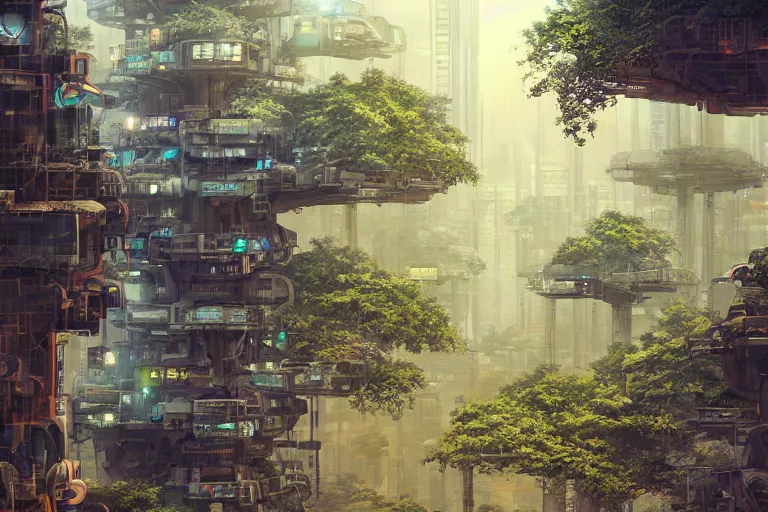 Image similar to solarpunk kowloon walled forest city, still from studio ghibli anime movie, cyberpunk tree house, walkways, bridges, pedestrians, robots, rivers, digital art, artgerm, trending on artstation