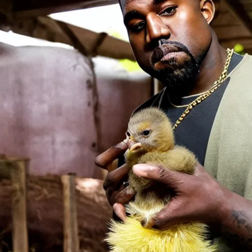 Prompt: kanye west in a farm holding up a baby chick extremely close to the camera, almost touching the lens. photograph extremely close wide - angle lens