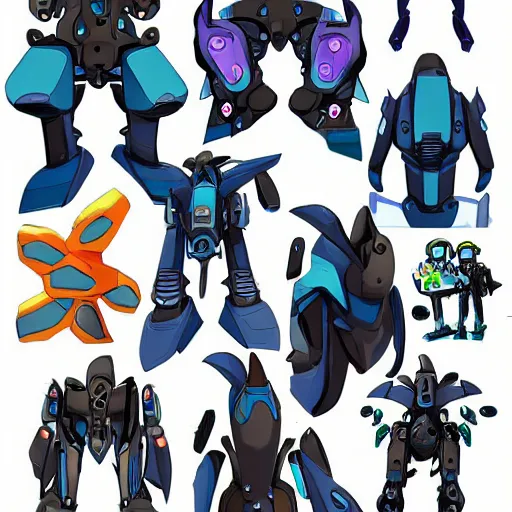 Image similar to character design sheets for an ancient manta ray battle mech flight suit, art by tim shafer from his work on psychonauts 2 by double fine, and inspired by splatoon by nintendo, blacklight