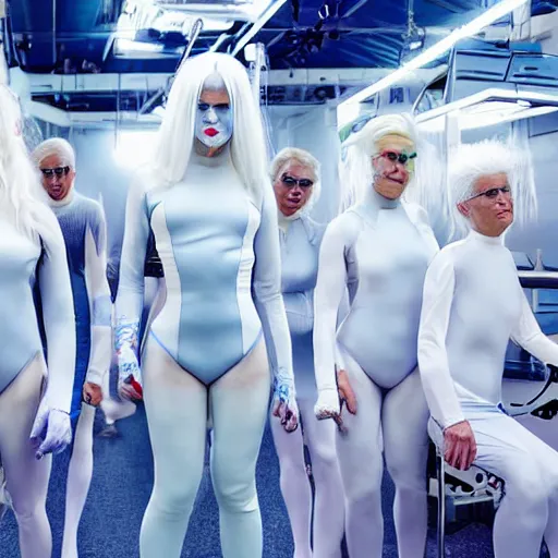 Image similar to troop of freak show women with white hair, white hair, tight light blue neopren suits, futuristic production facility, sci - fi, highly detailed, cinematic