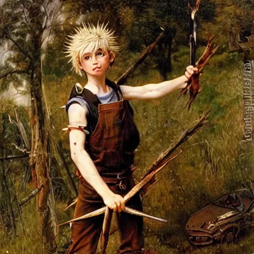 Image similar to a skinny elf with spiky blonde hair wearing dark brown overalls and holding dynamite standing next to a destroyed car, painting by Sophie Anderson