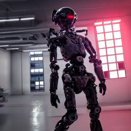 Image similar to epic photograph. tokyo 2 0 9 4. army exoskeleton fashion, robotic mech parts, eye shine. model standing, rim light, fill light. studio, solid color background. octane render, hyper - realistic, 8 k, art photography, denoised photorealistic render, insanely detailed intricate