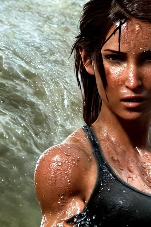 Image similar to a film still of lara croft, close up face detail, muscular, wet body, photography, wet dripping hair, emerging from the water