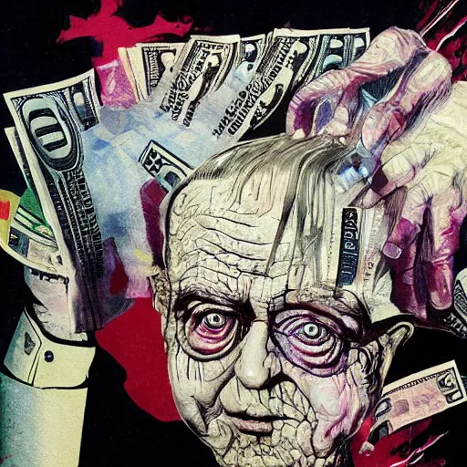 Image similar to George Soros full body shot, dollar bills Body horror, biopunk, by Ralph Steadman, Francis Bacon, Hunter S Thompson