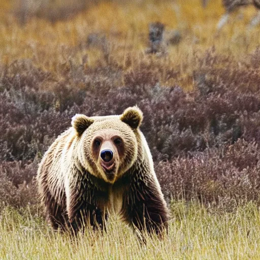 Image similar to a grizzly bear with the head of an owl, nature photography