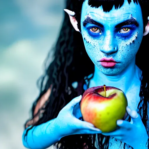 Image similar to a dnd Triton girl with blue skin and messy black hair in a pantry eating an apple, a little blue-skinned girl with messy black hair sharp pointed ears freckles along the ridges of her cheeks, dnd triton, high resolution film still, 4k, HDR colors