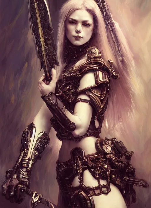 Image similar to portrait of beautiful pale gothic muscular warrior girl with sword, warhammer 40000, cyberpunk, intricate, elegant, highly detailed, digital painting, artstation, concept art, smooth, sharp focus, illustration, art by artgerm and greg rutkowski and alphonse mucha and Gustav Klimt and Ilya Kuvshinov