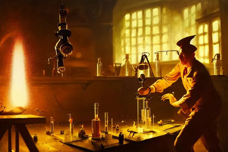 Image similar to scientist performing a explosive experiment by otto dix and greg rutkowski and andreas rocha, cinematic lighting, highly detailed, warm colours, 8 k