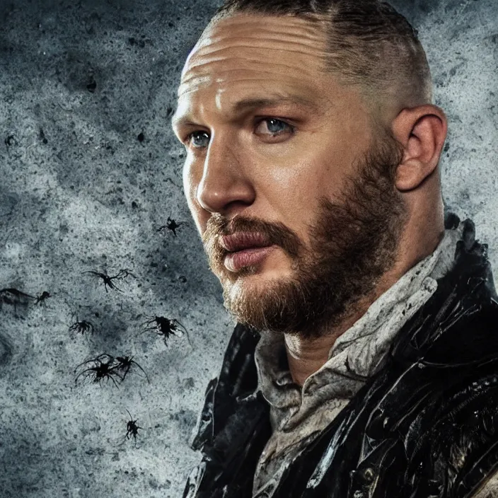 Image similar to professional photographic portrait of tom hardy as machiavelli vanquished scifi aliens strewn over the ground, renaissance style, fine art piece, incredible detail, vray rendering, high octane,