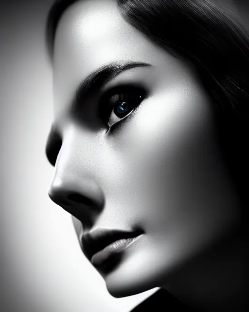 Image similar to black and white dreamy young beautiful female nuclear - cyborg high quality portrait photo, microchip skin, artificial intelligence, cinematic, rim light, photo - realistic, elegant, high detail, 8 k, masterpiece, high fashion, photo taken in 1 9 3 0